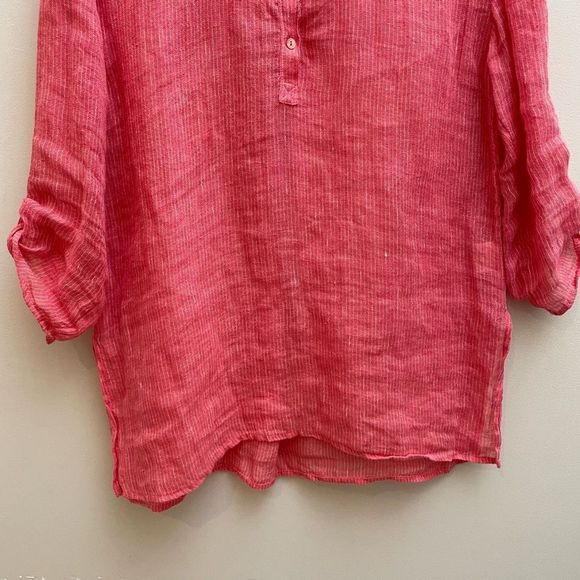 Eileen Fisher Linen Popover Top Womens Size Small Coral Pink Striped - Picture 3 of 12
